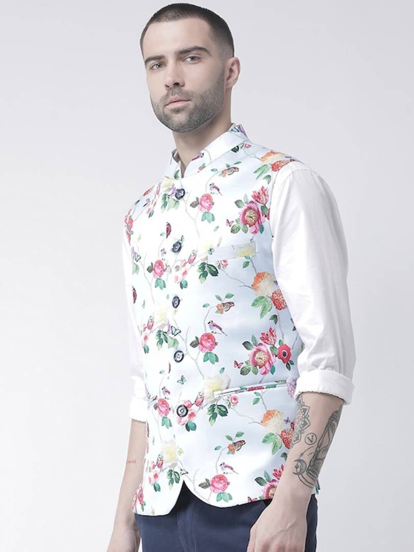 Men's Blue Viscose
 Printed Nehru Jackets