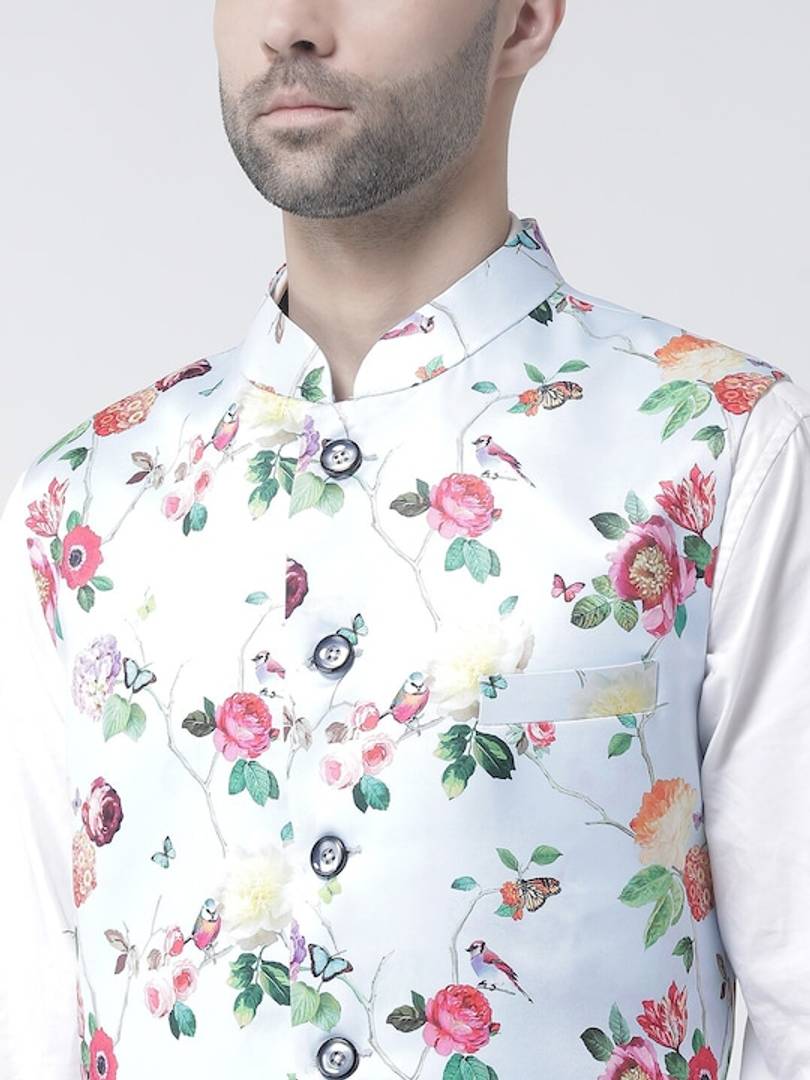 Men's Blue Viscose
 Printed Nehru Jackets