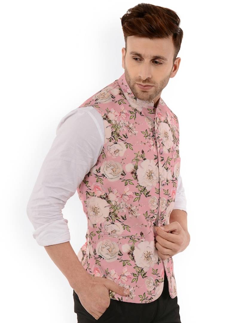 Men's Pink 
Cotton Blend
 Printed Nehru Jackets
