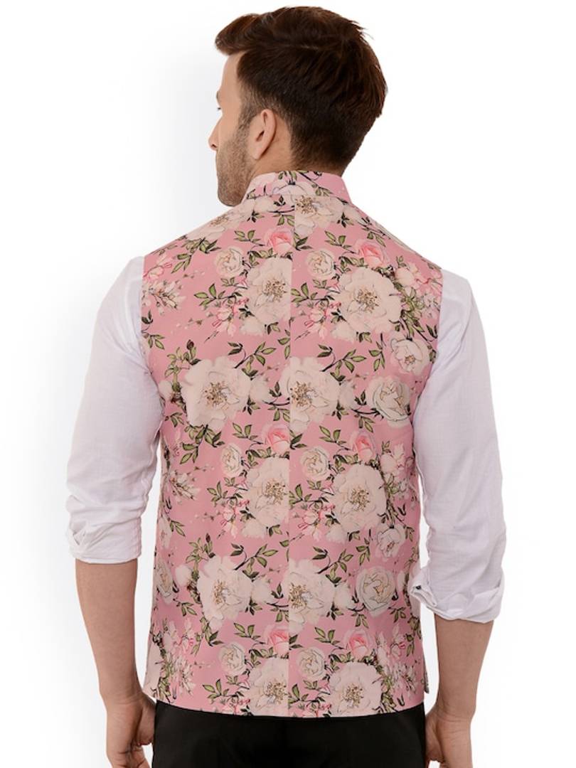 Men's Pink 
Cotton Blend
 Printed Nehru Jackets
