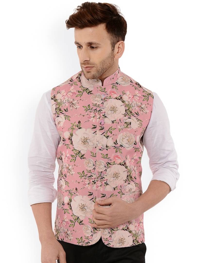 Men's Pink 
Cotton Blend
 Printed Nehru Jackets