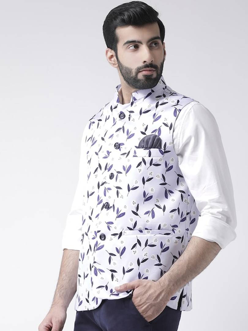 Men's White Viscose
 Printed Nehru Jackets