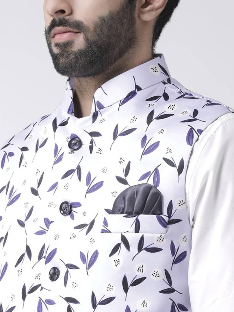 Men's White Viscose
 Printed Nehru Jackets