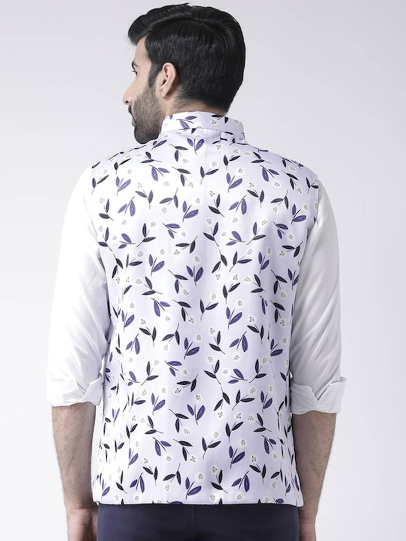 Men's White Viscose
 Printed Nehru Jackets