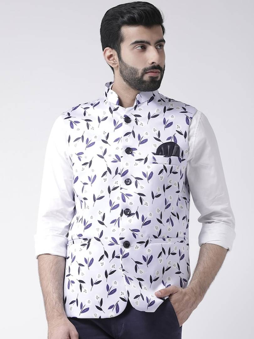 Men's White Viscose
 Printed Nehru Jackets