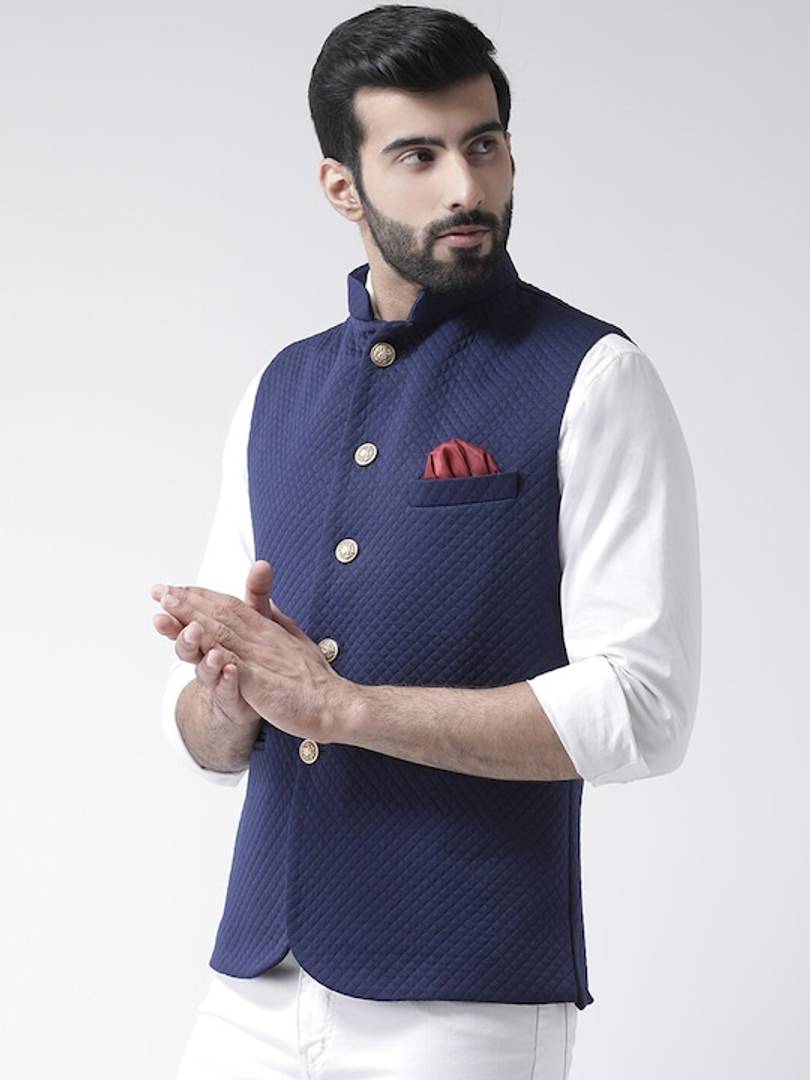 Men's Blue Viscose
 Woven Design Nehru Jackets