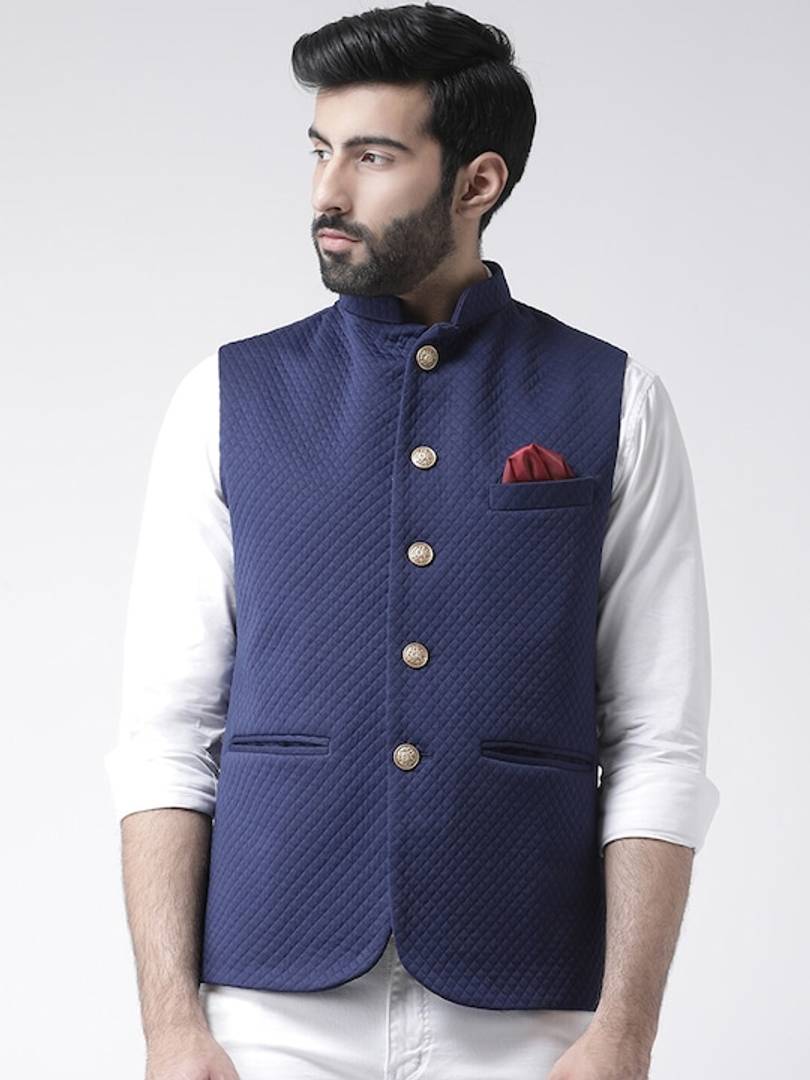 Men's Blue Viscose
 Woven Design Nehru Jackets