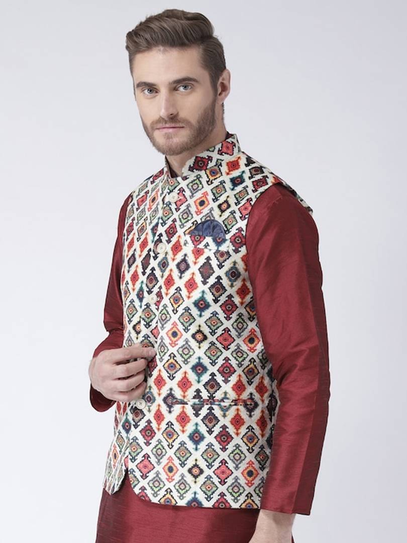 Men's Multicoloured 
Cotton Blend
 Printed Nehru Jackets