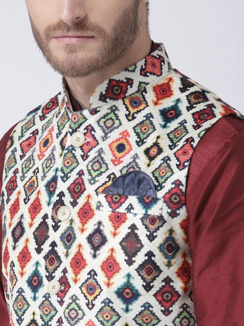 Men's Multicoloured 
Cotton Blend
 Printed Nehru Jackets