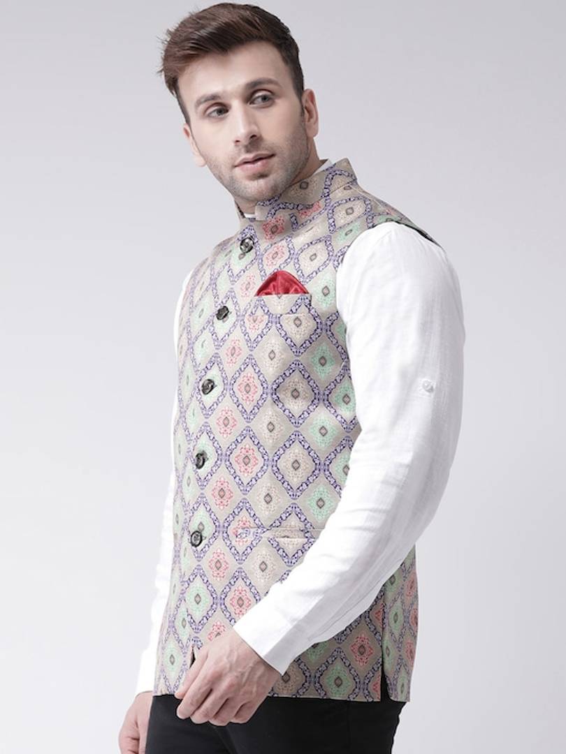 Men's Multicoloured 
Polyester
 Printed Nehru Jackets