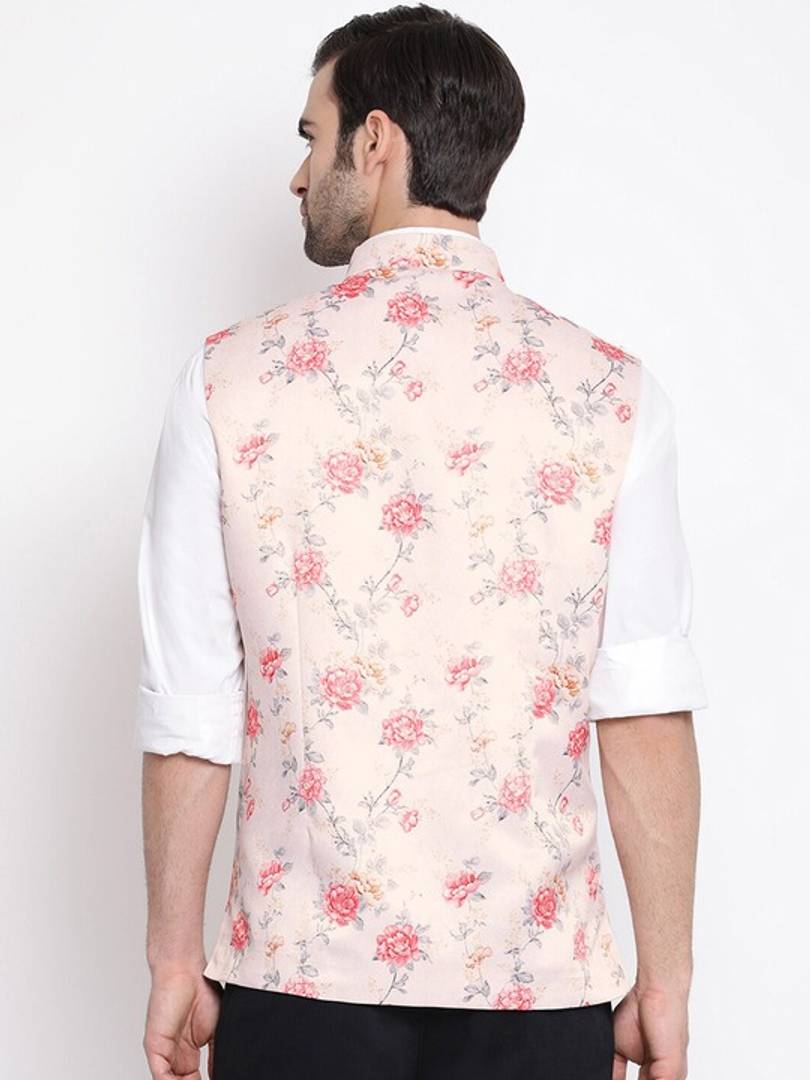 Men's Peach 
Silk Blend
 Printed Nehru Jackets
