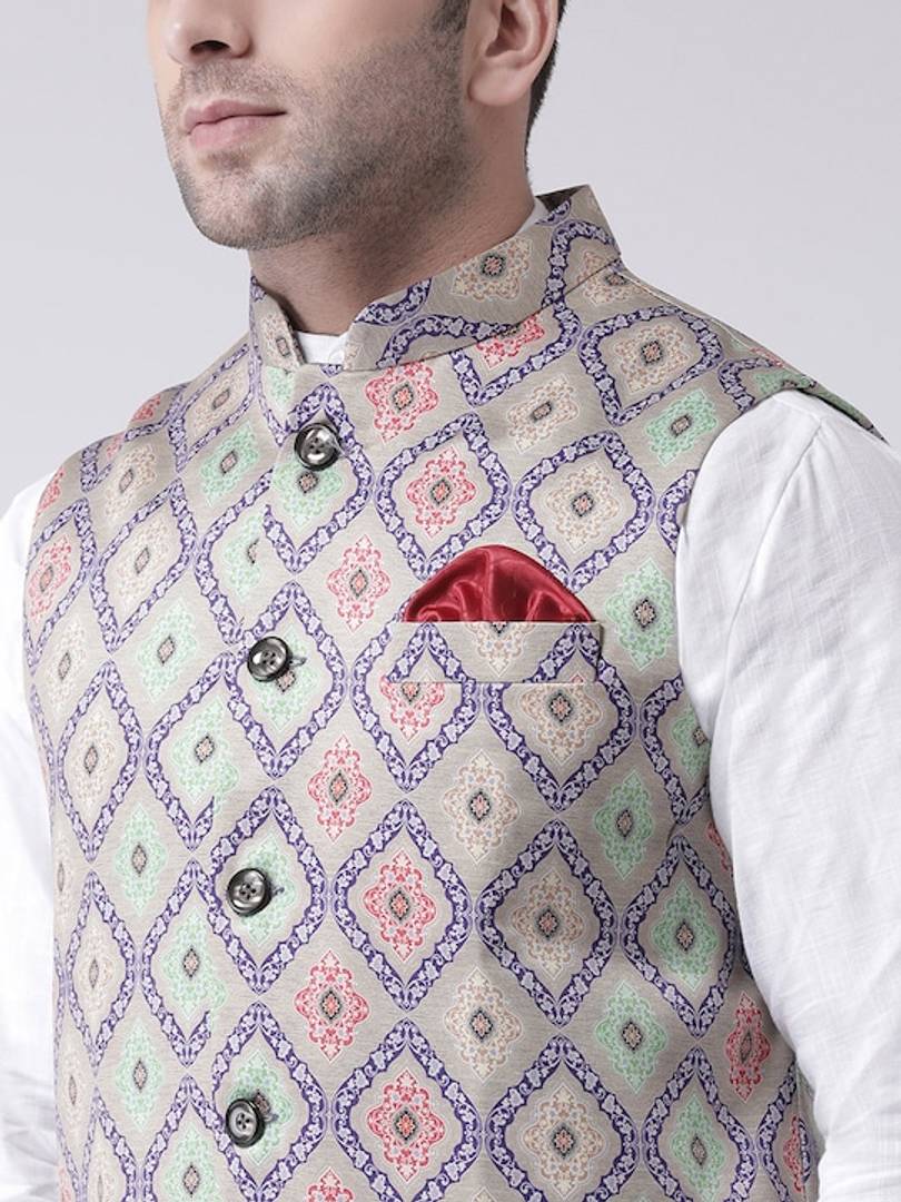 Men's Multicoloured 
Polyester
 Printed Nehru Jackets