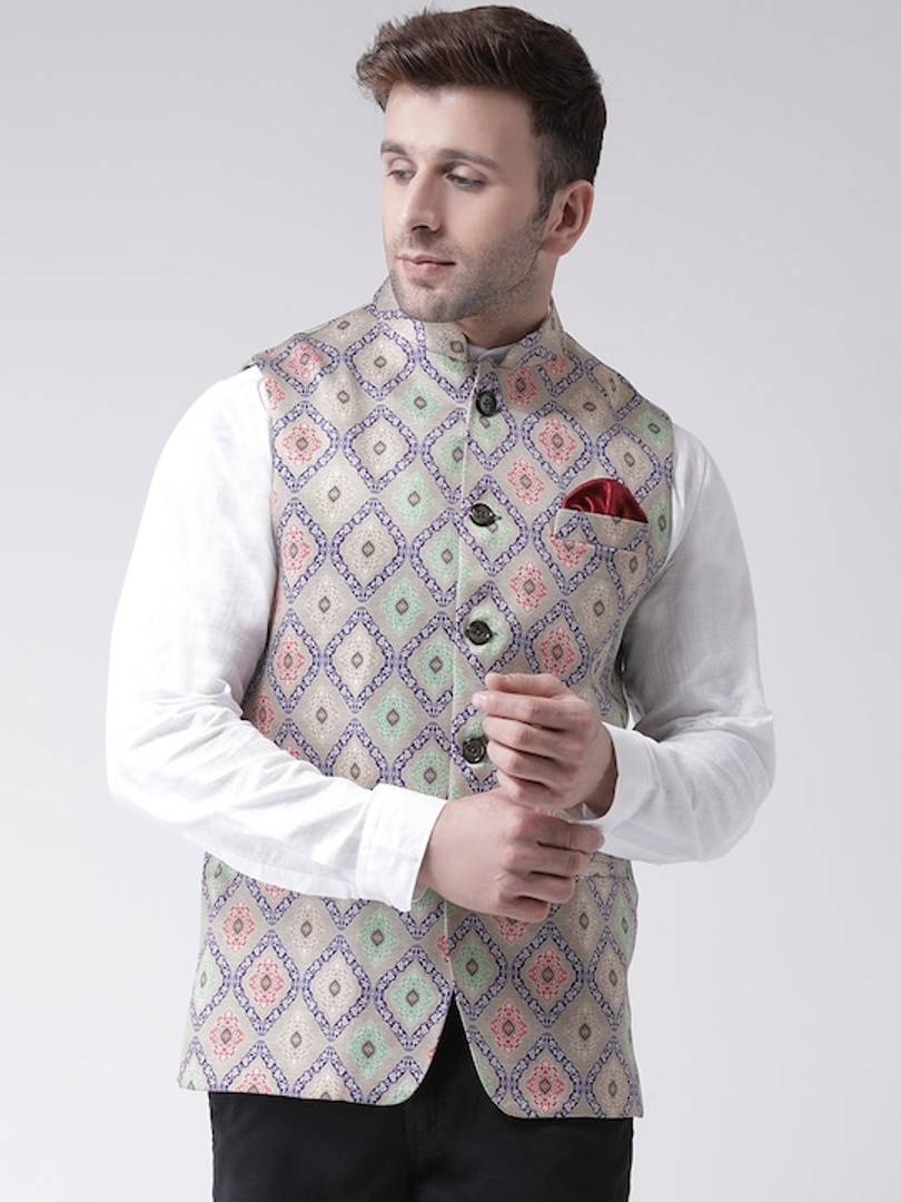 Men's Multicoloured 
Polyester
 Printed Nehru Jackets