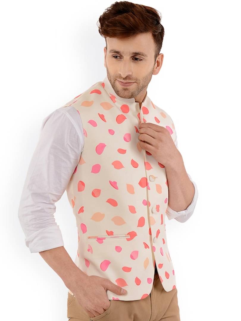 Men's Beige 
Cotton Blend
 Printed Nehru Jackets