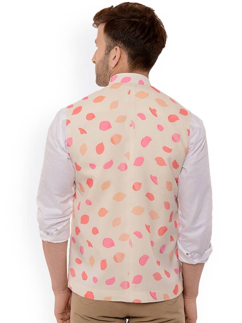 Men's Beige 
Cotton Blend
 Printed Nehru Jackets