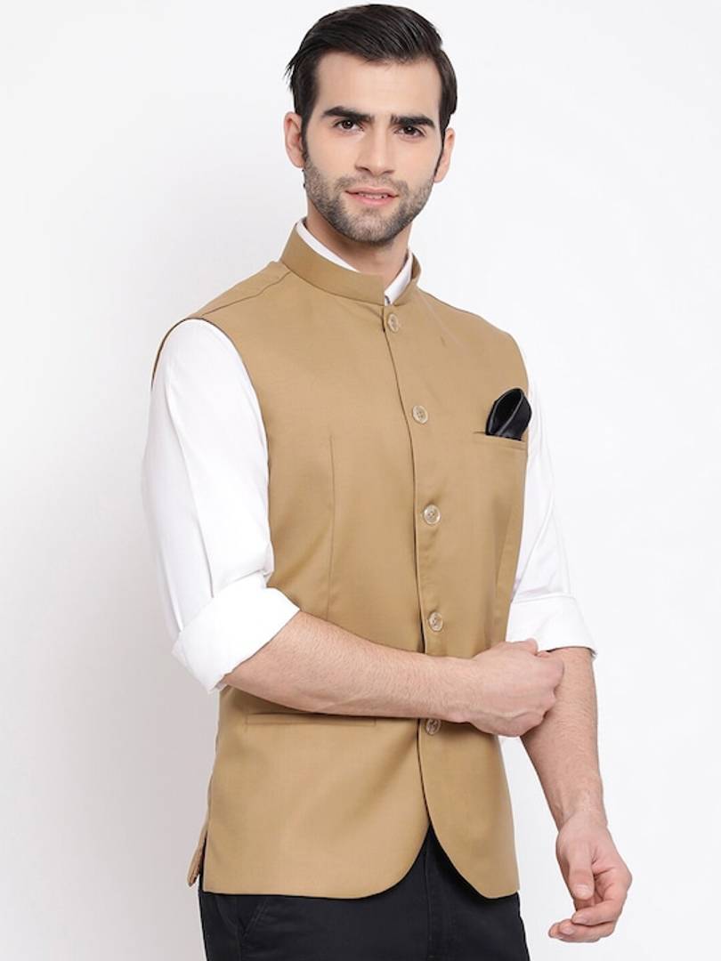 Men's Brown 
Cotton Blend
 Solid
 Nehru Jackets