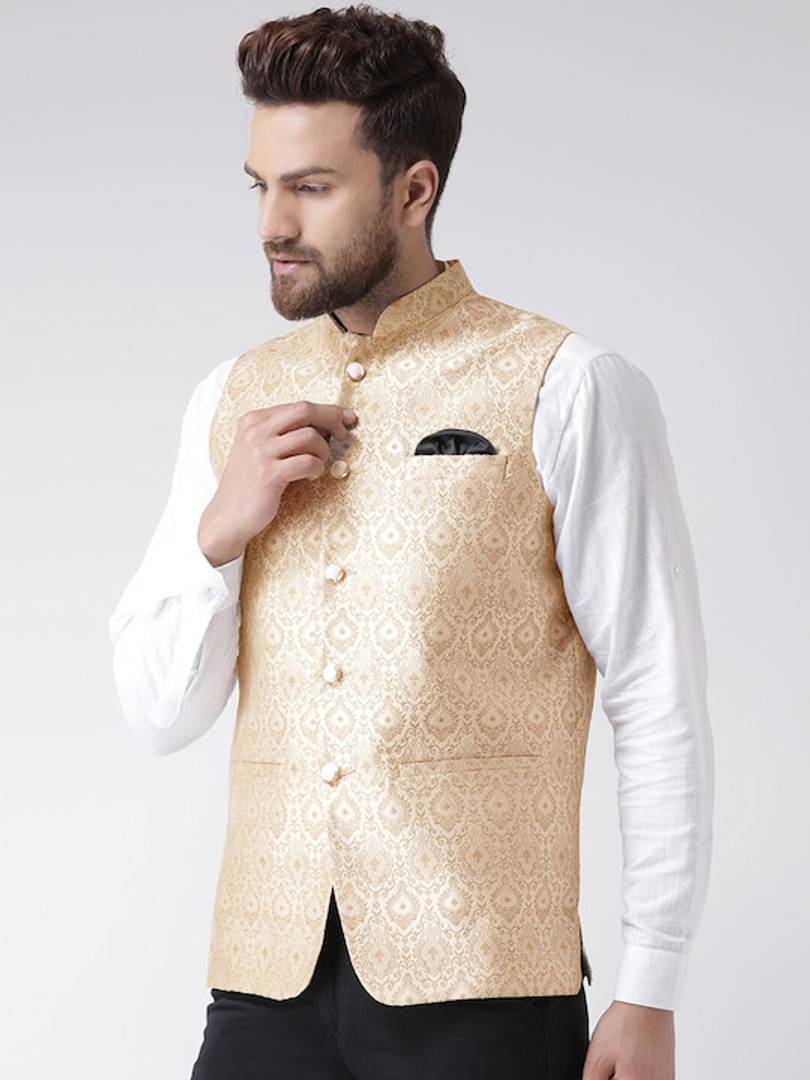 Men's Beige Viscose
 Woven Design Nehru Jackets