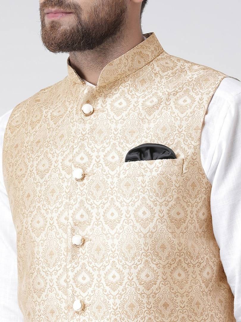 Men's Beige Viscose
 Woven Design Nehru Jackets