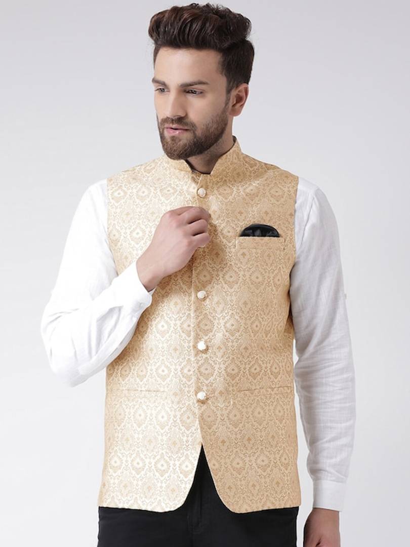 Men's Beige Viscose
 Woven Design Nehru Jackets