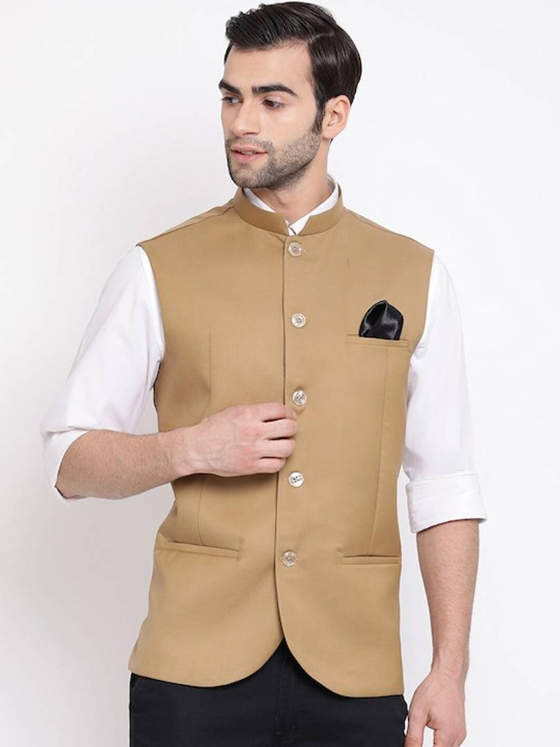 Men's Brown 
Cotton Blend
 Solid
 Nehru Jackets