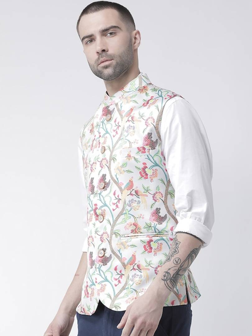 Men's White Viscose
 Printed Nehru Jackets