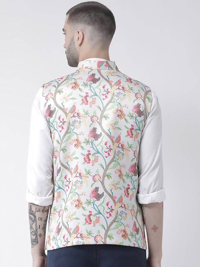 Men's White Viscose
 Printed Nehru Jackets