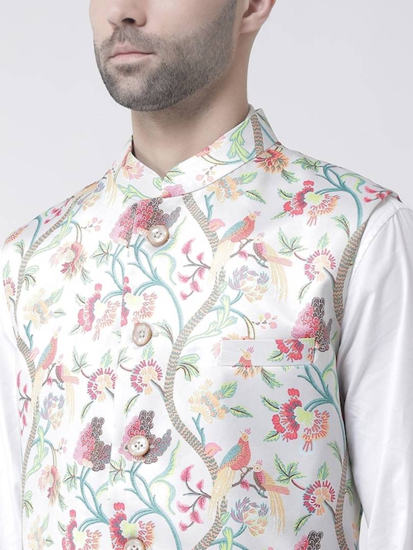 Men's White Viscose
 Printed Nehru Jackets