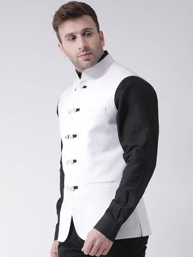 Men's White Viscose
 Printed Nehru Jackets