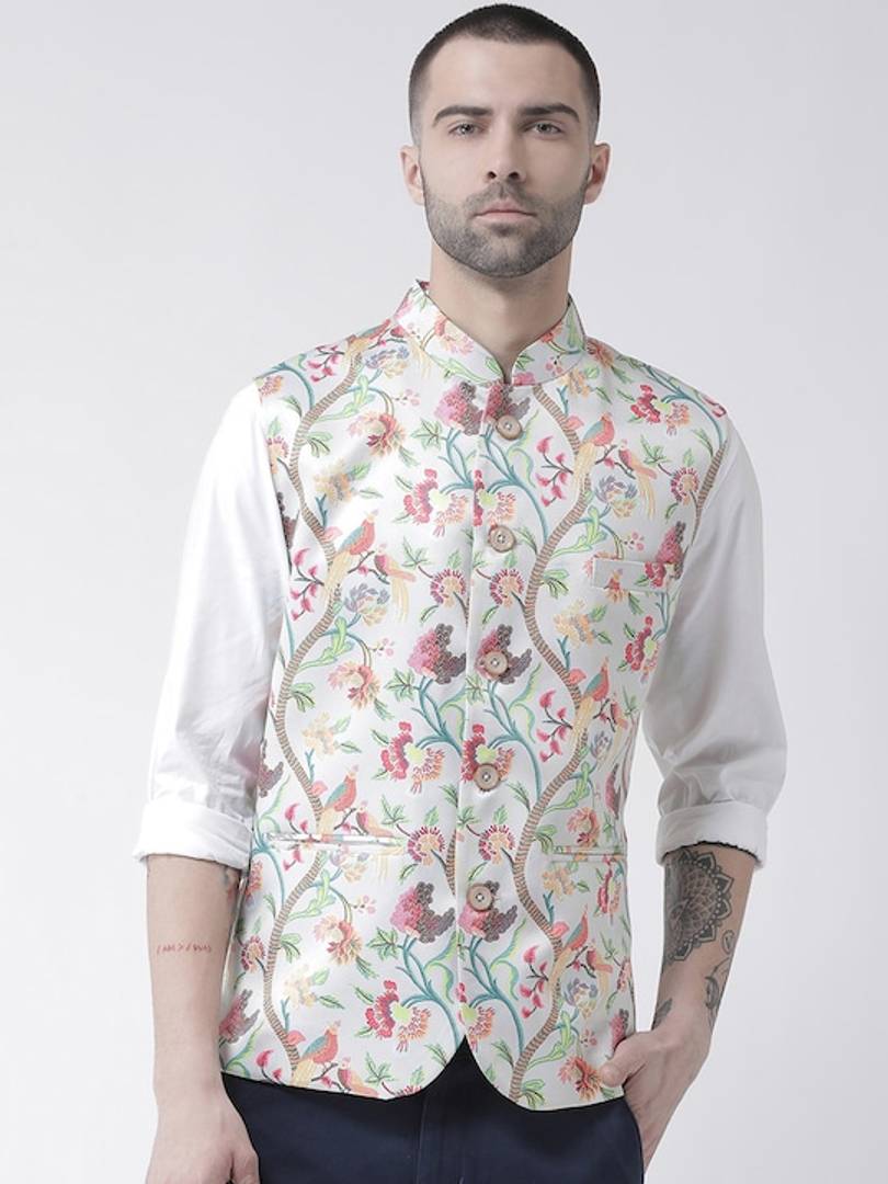 Men's White Viscose
 Printed Nehru Jackets