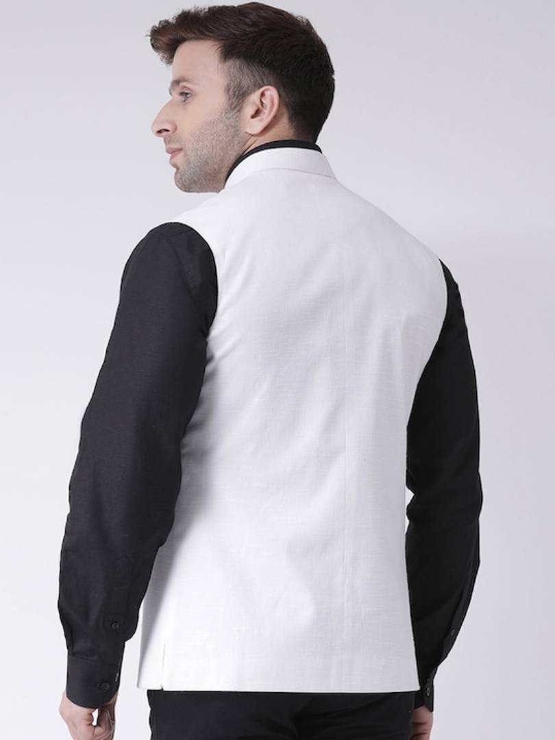 Men's White Viscose
 Printed Nehru Jackets