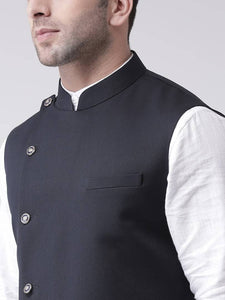Men's Black 
Polyester
 Solid
 Nehru Jackets