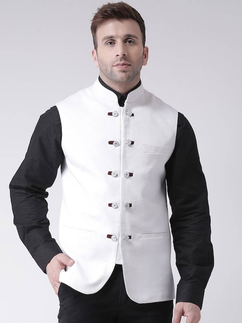 Men's White Viscose
 Printed Nehru Jackets