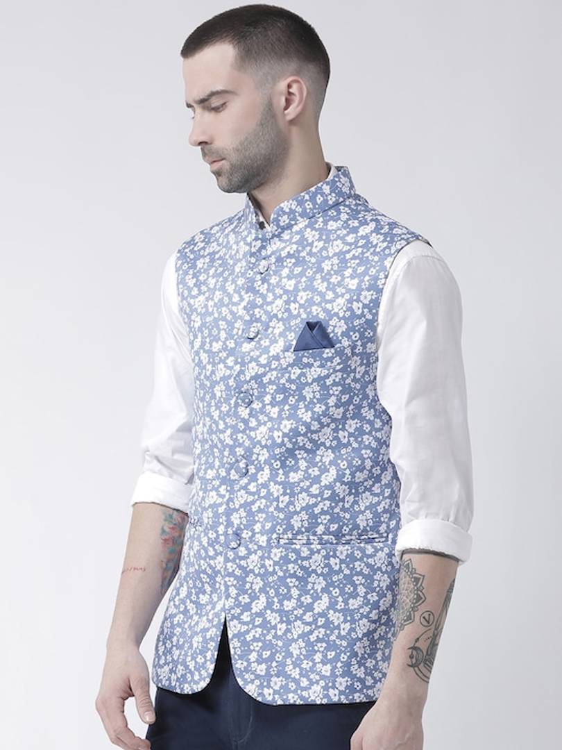 Men's Blue 
Polyester
 Printed Nehru Jackets