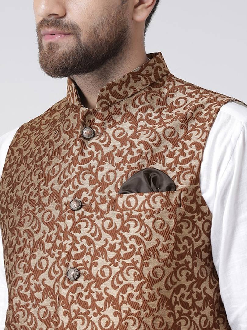 Men's Brown 
Polyester
 Woven Design Nehru Jackets
