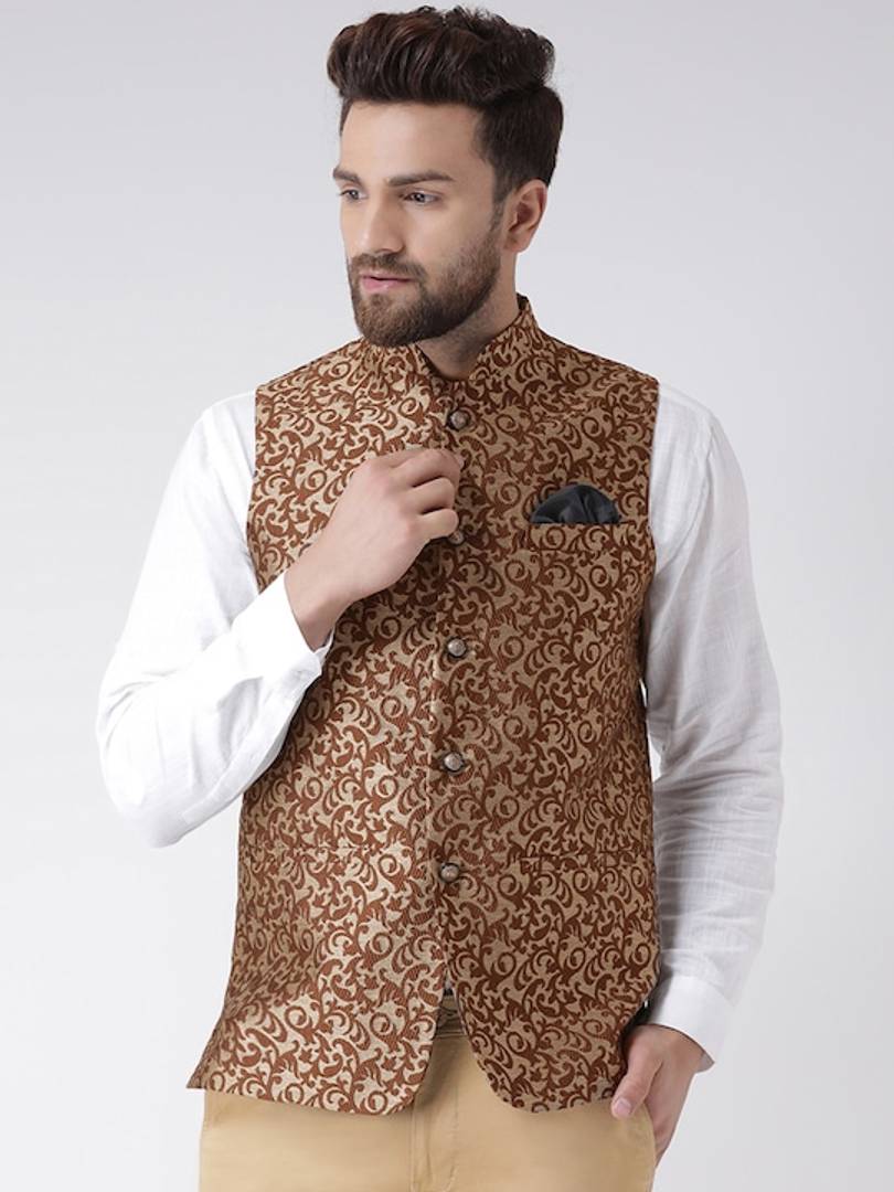 Men's Brown 
Polyester
 Woven Design Nehru Jackets