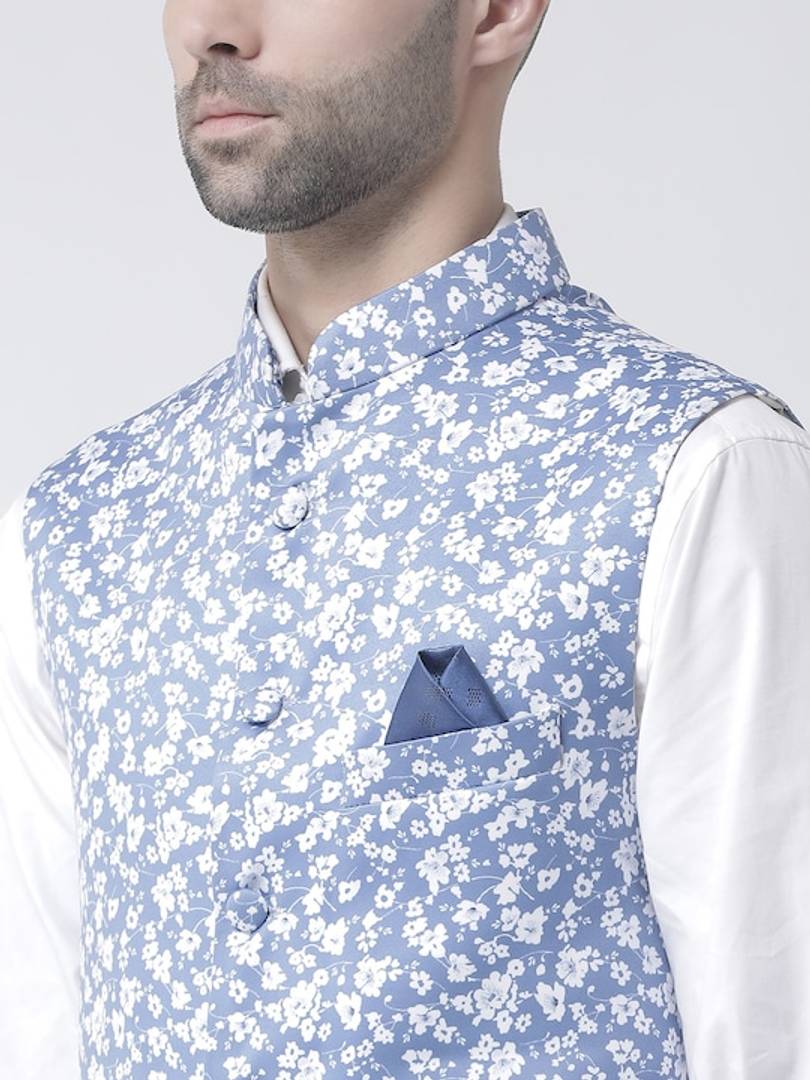 Men's Blue 
Polyester
 Printed Nehru Jackets