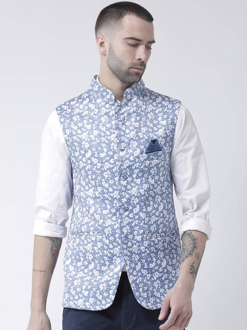 Men's Blue 
Polyester
 Printed Nehru Jackets
