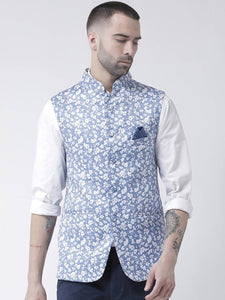 Men's Blue 
Polyester
 Printed Nehru Jackets