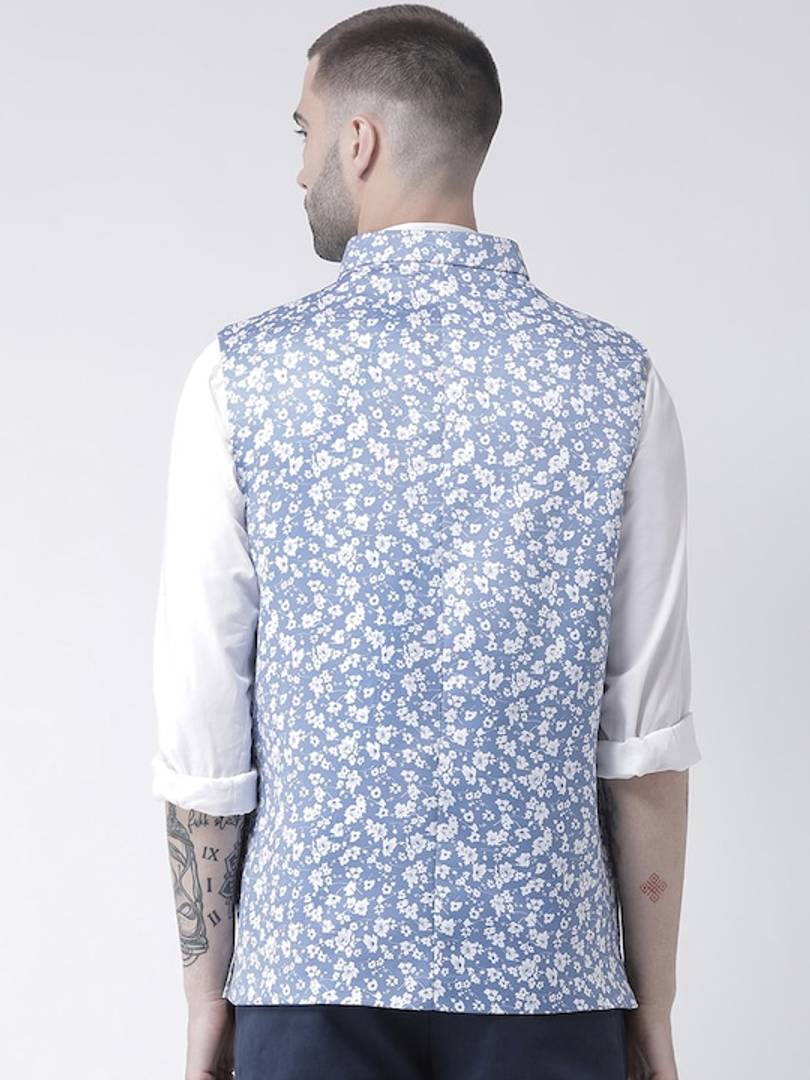 Men's Blue 
Polyester
 Printed Nehru Jackets