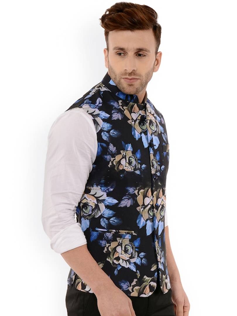 Men's Navy Blue 
Cotton Blend
 Printed Nehru Jackets