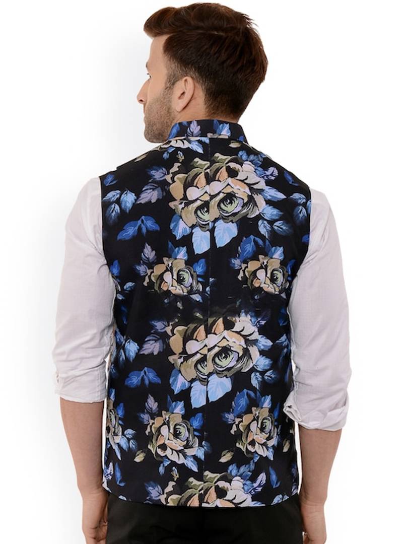 Men's Navy Blue 
Cotton Blend
 Printed Nehru Jackets
