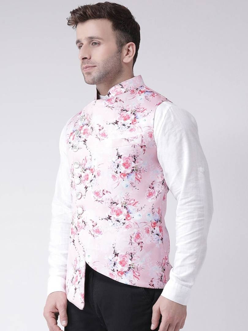 Men's Pink Viscose
 Printed Nehru Jackets