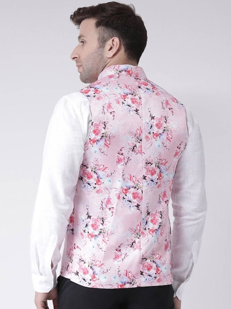 Men's Pink Viscose
 Printed Nehru Jackets