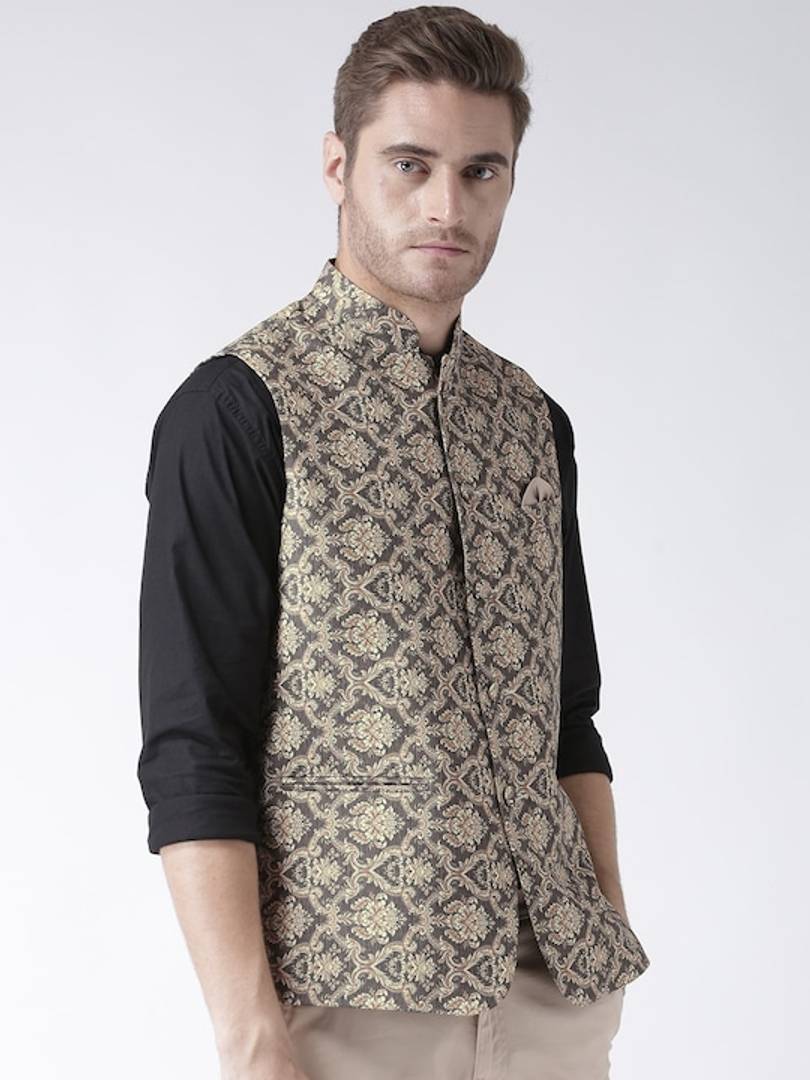 Men's Brown Viscose
 Printed Nehru Jackets