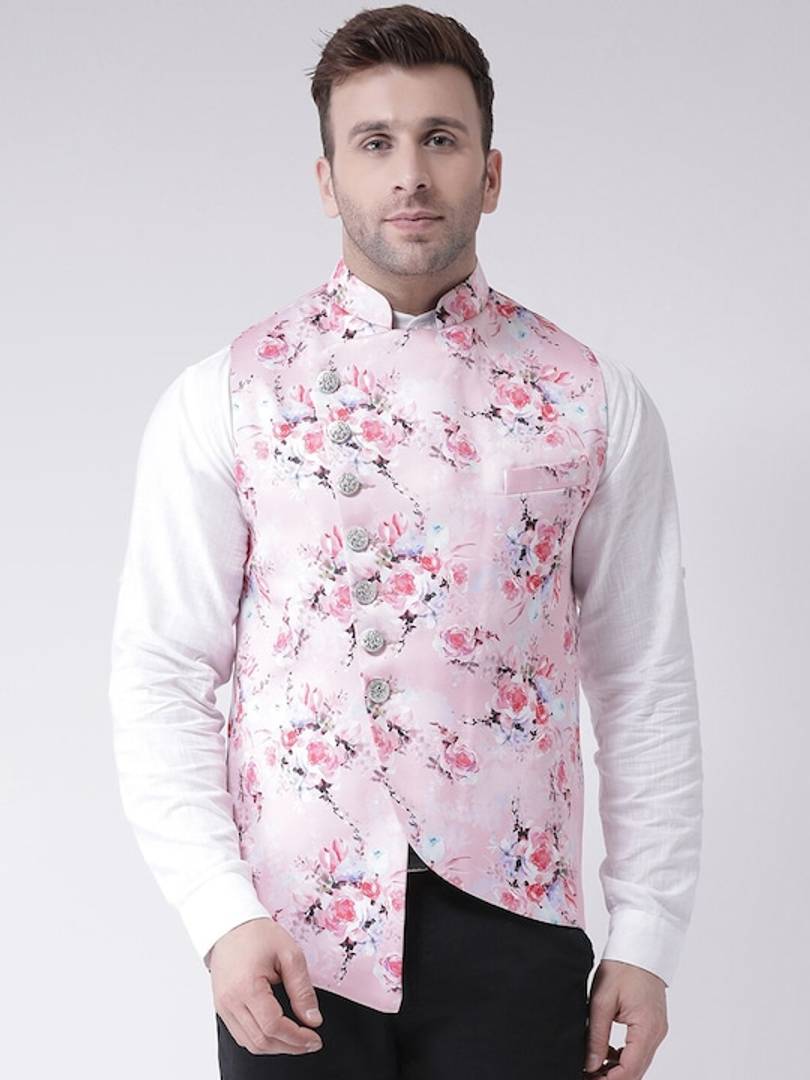 Men's Pink Viscose
 Printed Nehru Jackets