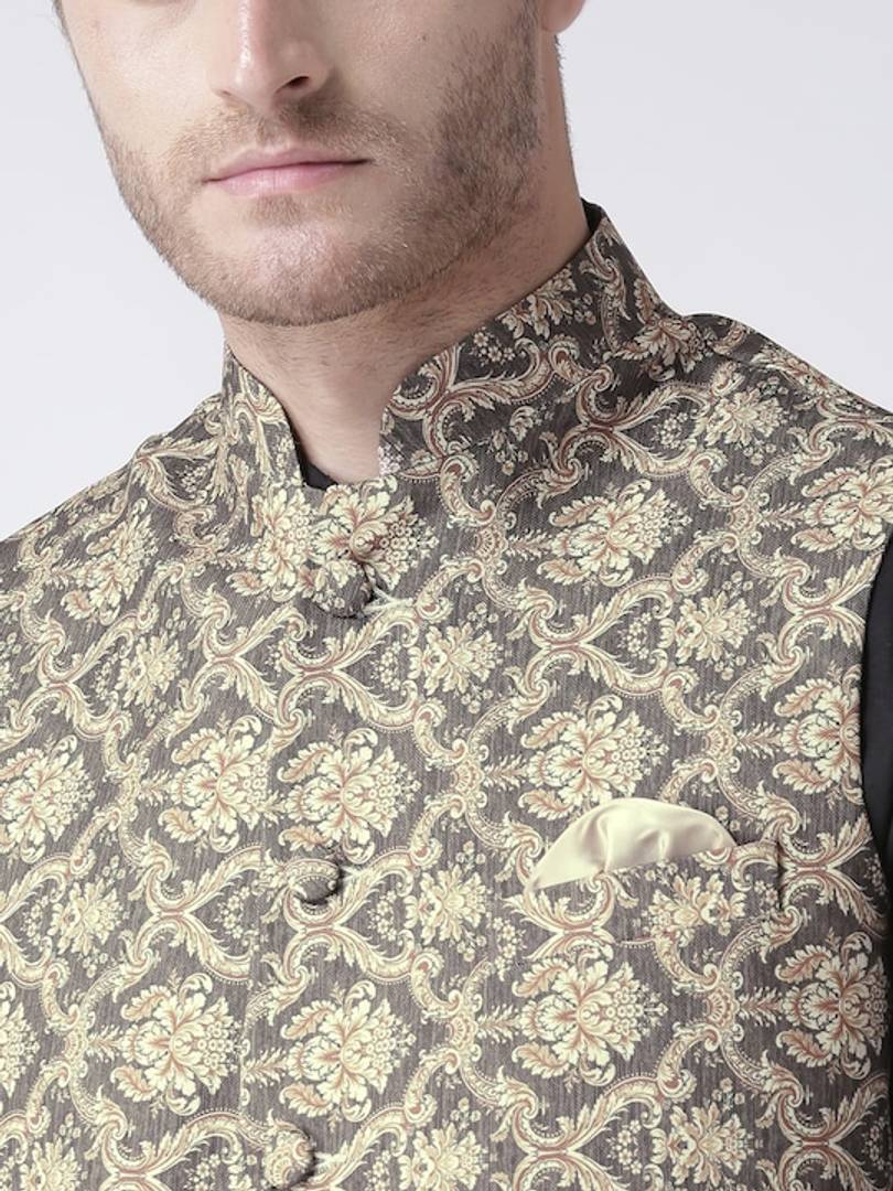 Men's Brown Viscose
 Printed Nehru Jackets