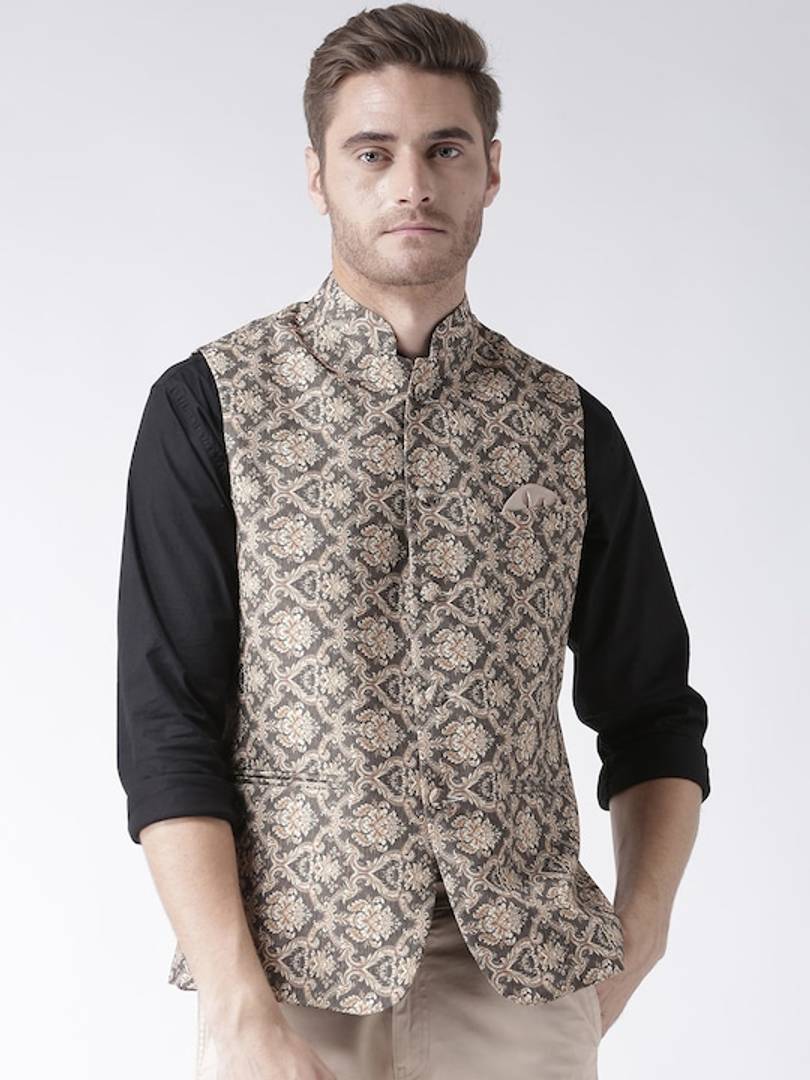 Men's Brown Viscose
 Printed Nehru Jackets