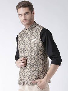 Men's Brown Viscose
 Printed Nehru Jackets