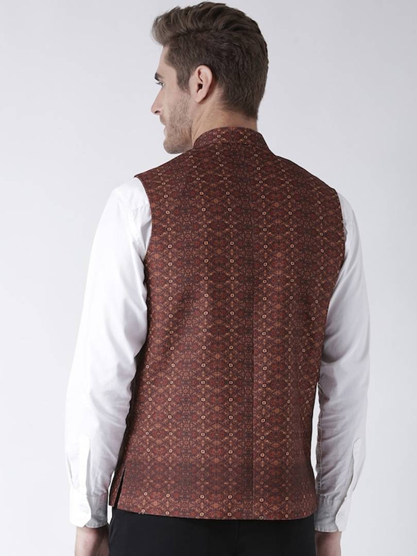 Men's Brown Viscose
 Printed Nehru Jackets