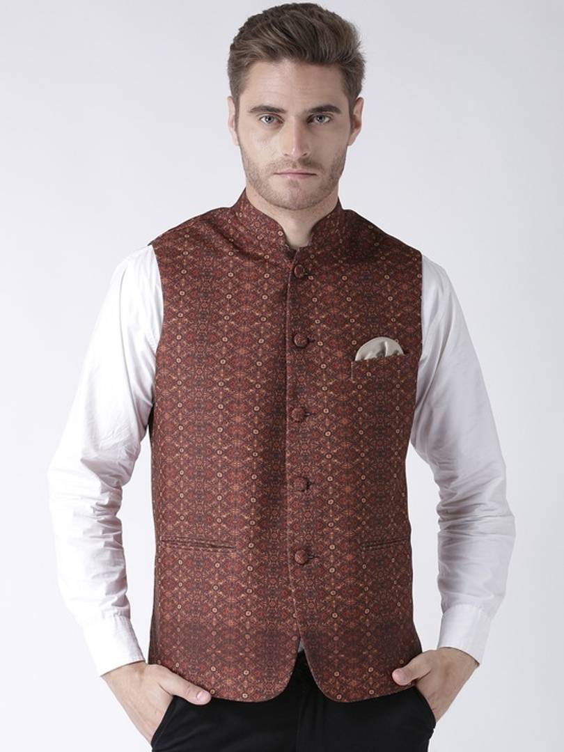 Men's Brown Viscose
 Printed Nehru Jackets